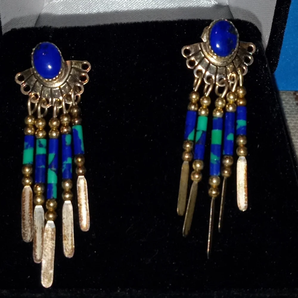 Beautiful 925 Silver - Turquoise and Lapias Stone Earrings - Picture 2 of 2